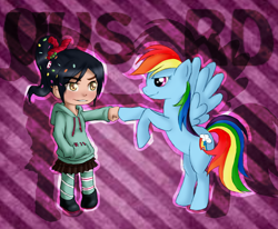 Size: 1300x1070 | Tagged: safe, artist:vnixxir, rainbow dash, g4, brofist, crossover, hoofbump, vanellope von schweetz, wreck-it ralph