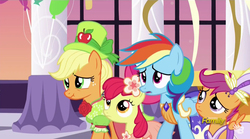Size: 853x473 | Tagged: safe, screencap, apple bloom, applejack, rainbow dash, scootaloo, g4, make new friends but keep discord, do not want, grand galloping gala, scrunchy face