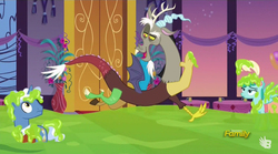 Size: 853x473 | Tagged: safe, screencap, discord, perry pierce, pokey pierce, smooze, spring melody, sprinkle medley, g4, make new friends but keep discord, floating, flood, grand galloping gala, third doctor