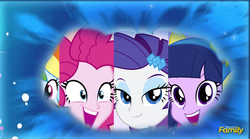 Size: 785x435 | Tagged: safe, pinkie pie, rainbow dash, rarity, twilight sparkle, equestria girls, g4, make new friends but keep discord, my little pony: friendship is magic, discord's portal, exploitable meme, meme