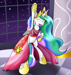 Size: 2000x2100 | Tagged: safe, artist:novaspark, princess celestia, pony, g4, make new friends but keep discord, bipedal, clothes, dress, featureless crotch, female, gala dress, high res, solo, standing on two hooves