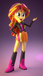 Size: 1080x1920 | Tagged: safe, artist:creatorofpony, sunset shimmer, equestria girls, g4, 3d, 3d model, blender, boots, clothes, female, jacket, leather jacket, shirt, skirt, smiling, solo, standing
