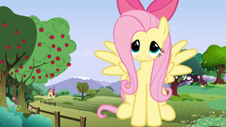 Size: 900x506 | Tagged: safe, artist:bronyheartu, artist:comfydove, fluttershy, pony, g4, apple bloom's bow, bow, female, giant pony, hair bow, macro, solo, sweet apple acres