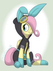 Size: 600x800 | Tagged: safe, artist:gh0stunicorn, fluttershy, pegasus, pony, g4, bunny ears, clothes, costume, cute, dangerous mission outfit, female, goggles, hair over one eye, hoodie, mare, simple background, sitting, smiling, solo, white background