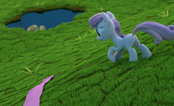 Size: 1763x1080 | Tagged: safe, artist:3d thread, sweetie belle, g4, 3d, 3d model, blender, clothes, dumb fabric, fabric, female, field, grass, pond, scene interpretation, solo, worried