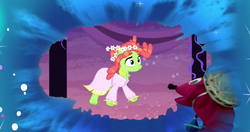 Size: 1440x758 | Tagged: safe, screencap, señor huevos, tree hugger, earth pony, pony, g4, make new friends but keep discord, my little pony: friendship is magic, alternate dimension, discord's portal, exploitable meme, meme, perspective flip, puppet dimension, role reversal