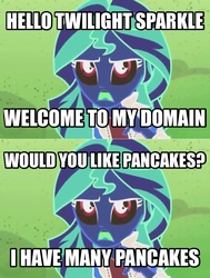 Size: 606x803 | Tagged: safe, screencap, sunset shimmer, equestria girls, g4, female, image macro, inverted colors, meme, pancakes, solo