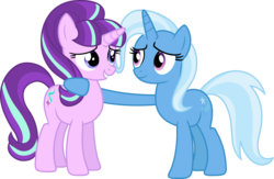 Size: 12302x8015 | Tagged: safe, artist:geometrymathalgebra, starlight glimmer, trixie, pony, unicorn, g4, the cutie map, absurd resolution, cute, eye contact, female, grin, heartwarming in hindsight, hilarious in hindsight, hug, lesbian, lidded eyes, looking at each other, mare, ship:startrix, shipping, simple background, smiling, transparent background, vector