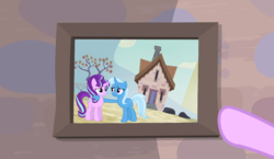 Size: 1182x687 | Tagged: dead source, safe, artist:dcencia, artist:geometrymathalgebra, edit, edited screencap, screencap, starlight glimmer, trixie, pony, unicorn, g4, the cutie map, cute, female, friendshipping, hilarious in hindsight, hug, mare, our town, portrait, starlight's picture frame, vector