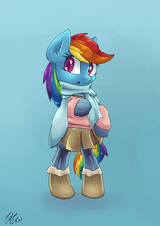 Size: 2894x4093 | Tagged: safe, artist:lovelyneckbeard, rainbow dash, g4, boots, clothes, female, rainbow dash always dresses in style, scarf, skirt, socks, solo, sweater