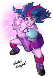 Size: 613x900 | Tagged: safe, artist:mentalmongloid, twilight sparkle, equestria girls, g4, action pose, blouse, breasts, collar, dragon ball, dragon ball z, female, flowing hair, grin, hilarious in hindsight, kamehameha, looking at you, magic, pose, puffy sleeves, skirt, smirk, solo, super saiyan princess, teenager