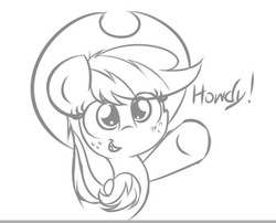 Size: 586x473 | Tagged: safe, artist:heavymetalbronyyeah, derpibooru exclusive, applejack, earth pony, pony, g4, cute, female, howdy, jackabetes, lineart, mare, monochrome, open mouth, solo, waving