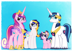 Size: 1000x700 | Tagged: safe, artist:faith-wolff, princess cadance, princess skyla, shining armor, oc, oc:mi querida esperanza, pegasus, pony, unicorn, g4, alternate design, alternate hairstyle, blue background, cute, faithverse, family, family photo, father and daughter, female, filly, laurel wreath, mother and daughter, next generation, offspring, parent:princess cadance, parent:shining armor, parents:shiningcadance, pegasus oc, simple background, sisters, smiling, species swap