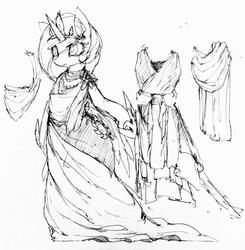 Size: 1004x1024 | Tagged: safe, artist:toki, princess celestia, anthro, g4, arm hooves, clothes, dress, female, monochrome, solo