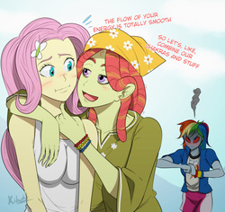 Size: 620x585 | Tagged: safe, artist:kibate, fluttershy, rainbow dash, tree hugger, human, equestria girls, g4, make new friends but keep discord, :i, angry, blushing, breasts, busty fluttershy, dialogue, equestria girls-ified, female, flirting, high, humanized, jealous, lesbian, love triangle, possessive, red eyes, red eyes take warning, ship:flutterdash, ship:flutterhugger, shipping, stoned, this will end in pain, this will end in tears, this will end in tears and/or death, trio, yandere, yanderebow dash