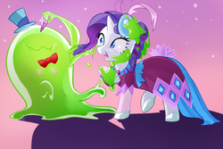 Size: 500x333 | Tagged: dead source, safe, artist:pan, rarity, smooze, goo, pony, unicorn, g4, make new friends but keep discord, clothes, dress, gala dress, gem, gemstones, open mouth, screaming, smoozed