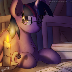 Size: 2000x2000 | Tagged: safe, artist:silverfox057, twilight sparkle, alicorn, pony, g4, candle, female, fire, glasses, high res, looking at you, mare, reading, solo, twilight sparkle (alicorn)