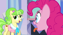 Size: 1280x720 | Tagged: safe, screencap, chickadee, ms. peachbottom, pinkie pie, g4, games ponies play, tongue out