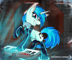 Size: 1024x853 | Tagged: safe, artist:dangercloseart, dj pon-3, vinyl scratch, pony, unicorn, g4, bodysuit, crossover, epic, female, goggles, keyboard, klayton celldweller, mare, musical instrument, solo