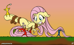 Size: 1236x750 | Tagged: safe, artist:arthur9078, artist:dfectivedvice, fluttershy, pegasus, pikmin, pony, g4, blue pikmin, bondage, bound, crossover, female, mare, nintendo, pikmin (series), red pikmin, rope, tied up, yellow pikmin