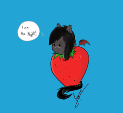 Size: 1200x1099 | Tagged: safe, artist:jodykun, oc, oc only, oc:qetesh, bat pony, pony, :<, blushing, cute, i am the night, simple background, solo, strawberry