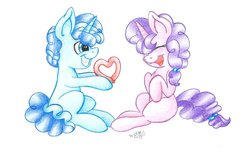 Size: 1024x643 | Tagged: safe, artist:cyanyeh, party favor, sugar belle, g4, balloon, female, heart, male, ship:partybelle, shipping, sitting, straight, traditional art