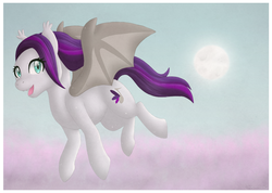 Size: 1216x864 | Tagged: safe, artist:solargem, oc, oc only, oc:sweet hum, bat pony, pony, cloud, cloudy, flying, smiling, solo, sun