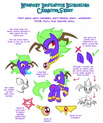 Size: 816x978 | Tagged: safe, artist:yamino, oc, oc only, oc:midnight devilwitch blingbling, demon pony, pony, blue tongue, bracelet, cutie mark, head, jewelry, long tongue, reference sheet, tongue out