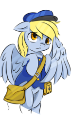 Size: 1024x1751 | Tagged: safe, artist:walthooves, derpy hooves, pony, g4, bipedal, clothes, female, mailbag, simple background, solo, spread wings, transparent background, uniform