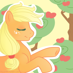 Size: 3000x3000 | Tagged: safe, artist:discordin, artist:uchihapony, applejack, g4, apple, eyes closed, female, hatless, high res, missing accessory, solo, tree