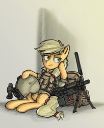 Size: 1275x1563 | Tagged: safe, artist:exlinard, applejack, g4, backpack, clothes, female, gun, helmet, m249, machine gun, sitting, soldier, solo, uniform, war, weapon