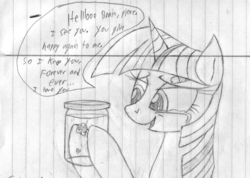 Size: 1278x912 | Tagged: safe, artist:iflysna94, twilight sparkle, pony, unicorn, g4, brain, crying, female, jar, lined paper, lobotomy, mare, monochrome, solo, traditional art