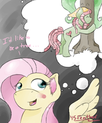 Size: 800x968 | Tagged: safe, artist:feather, fluttershy, tree hugger, earth pony, pegasus, pony, g4, make new friends but keep discord, ear fluff, female, fluttertree, i'd like to be a tree, lesbian, literal, name pun, namesake, pun, ship:flutterhugger, shipping, tree hugger hugging a tree, visual pun
