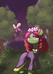 Size: 2894x4093 | Tagged: safe, artist:yajima, tree hugger, butterfly, earth pony, pony, g4, make new friends but keep discord, clothes, cute, dress, female, huggerbetes, mare, pixiv, smiling, solo, that was fast