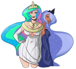 Size: 1280x1158 | Tagged: safe, artist:swain, princess celestia, princess luna, human, g4, breasts, busty princess celestia, cleavage, clothes, cutie mark eyes, dress, evening gloves, female, humanized, looking at you, simple background, transparent background, wingding eyes
