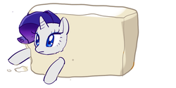 Size: 1000x500 | Tagged: safe, artist:pan, rarity, pony, unicorn, g4, cute, female, food, frown, ponies in food, raribetes, raritofu, simple background, solo, stuck, tofu (food), wat, white background
