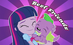 Size: 2000x1244 | Tagged: dead source, safe, artist:owlisun, spike, twilight sparkle, dog, equestria girls, g4, my little pony equestria girls: rainbow rocks, duo, smiling, spike the dog, sunburst background, wallpaper