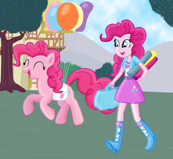 Size: 1625x1495 | Tagged: safe, artist:majkashinoda626, pinkie pie, earth pony, human, pony, equestria girls, g4, bag, balloon, banner, boots, high heel boots, human ponidox, saddle bag, smiling, square crossover, then watch her balloons lift her up to the sky