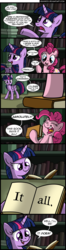 Size: 800x3030 | Tagged: dead source, safe, artist:veggie55, pinkie pie, twilight sparkle, alicorn, earth pony, pony, g4, book, bookshelf, comic, female, library, mare, pun, twilight sparkle (alicorn)