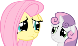 Size: 1024x612 | Tagged: safe, artist:sollace, fluttershy, sweetie belle, pegasus, pony, unicorn, g4, sad, sad pony, show accurate, simple background, transparent background, vector