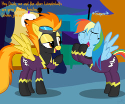 Size: 1680x1390 | Tagged: safe, artist:spitshy, rainbow dash, spitfire, pegasus, pony, g4, clothes, costume, dialogue, duo, duo female, female, goggles, goggles on head, halloween, holiday, mare, raised hoof, shadowbolt dash, shadowbolts, shadowbolts costume, show accurate, spread wings, squee, trick or treat, wings