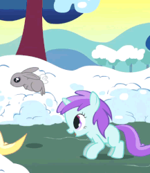 Size: 416x480 | Tagged: safe, screencap, dinky hooves, liza doolots, petunia, tootsie flute, pony, rabbit, g4, season 1, winter wrap up, animated, cute, daaaaaaaaaaaw, eyes closed, female, filly, jumping, male, open mouth, pronking, singing, smiling, snow, tootsie cute, winter wrap up song