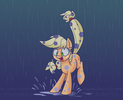 Size: 1100x900 | Tagged: safe, artist:heir-of-rick, applejack, daily apple pony, g4, hatless, missing accessory, puddle, rain, raised tail, smiling