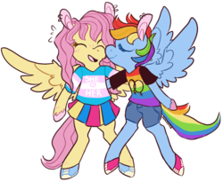 Size: 1024x839 | Tagged: safe, artist:comickit, fluttershy, rainbow dash, pony, g4, bipedal, clothes, converse, female, freckles, gay pride, gender headcanon, lesbian, nuzzling, piercing, pride, pride flag, ship:flutterdash, shipping, shoes, skirt, trans female, trans fluttershy, transgender, transgender pride flag