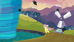 Size: 1280x720 | Tagged: safe, screencap, fluttershy, spike, twilight sparkle, pegasus, pony, unicorn, g4, hurricane fluttershy, anemometer, female, goggles, mare, ponyville reservoir, tornado, unicorn twilight, water