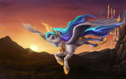 Size: 4480x2800 | Tagged: dead source, safe, artist:bra1neater, princess celestia, g4, canterlot, dawn, female, fluffy, flying, forest, magic, mountain, smiling, solo, spread wings, sun work, sunrise, twilight (astronomy)