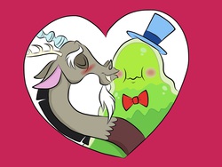 Size: 2048x1536 | Tagged: safe, artist:fiona brown, discord, smooze, g4, make new friends but keep discord, blushing, heart, kissing, shipping, smoozcord