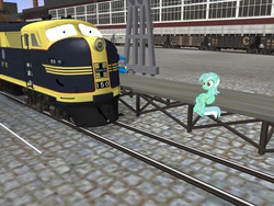 Size: 1024x768 | Tagged: safe, lyra heartstrings, oc, oc:hector f7, g4, factory, locomotive, ponies in video games, sitting, sitting lyra, train, trainz 12, trainz simulator