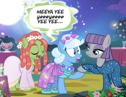 Size: 1200x927 | Tagged: safe, artist:pixelkitties, maud pie, tree hugger, trixie, earth pony, pony, unicorn, g4, make new friends but keep discord, alternate hairstyle, clothes, dress, faic, female, grand galloping gala, hippie horse noises, lesbian, mare, ship:mauxie, shipping, wide eyes