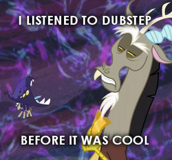 Size: 368x343 | Tagged: safe, edit, edited screencap, screencap, discord, parcel post, post haste, draconequus, pony, g4, make new friends but keep discord, before it was cool, cropped, dubstep, flish, i listened to dubstep, image macro, mailpony, male, meme, monster, stallion